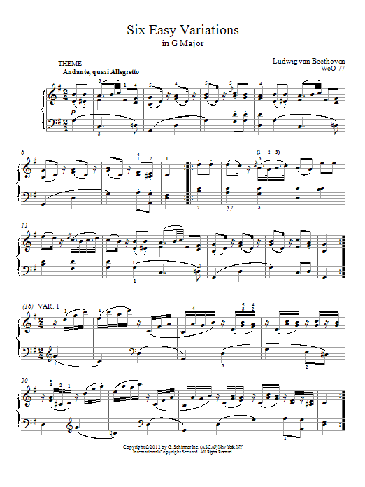 Ludwig van Beethoven Six Variations In G Major, WoO 77 sheet music notes and chords arranged for Piano Solo