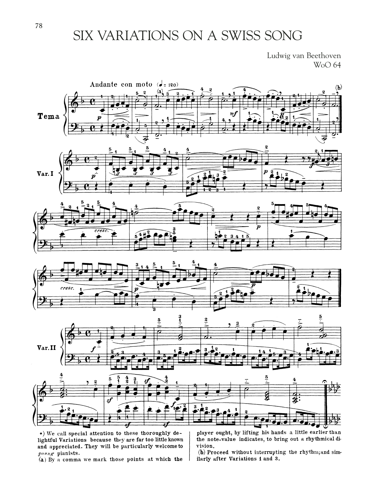 Ludwig van Beethoven Six Variations On A Swiss Song, WoO 64 sheet music notes and chords arranged for Piano Solo