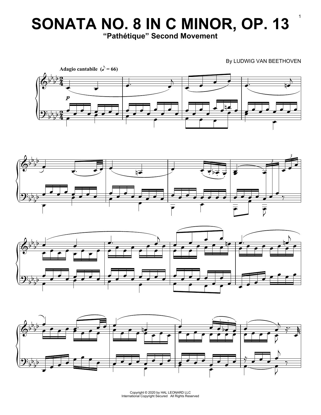 Ludwig van Beethoven Sonata In C Minor, Op. 13 'Pathetique' (2nd Movement) sheet music notes and chords arranged for Piano Solo