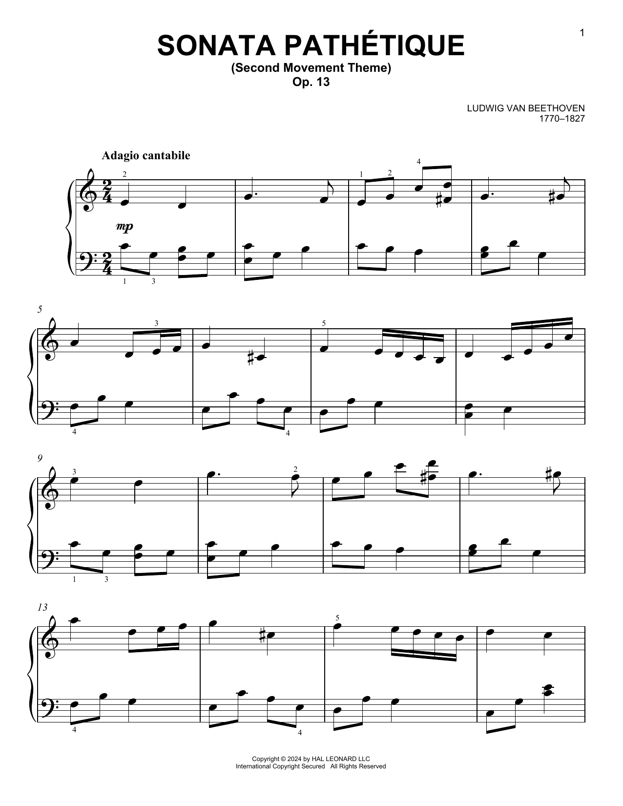 Ludwig van Beethoven Sonata In C Minor, Op. 13 'Pathetique' (2nd Movement Theme) sheet music notes and chords arranged for Piano Solo