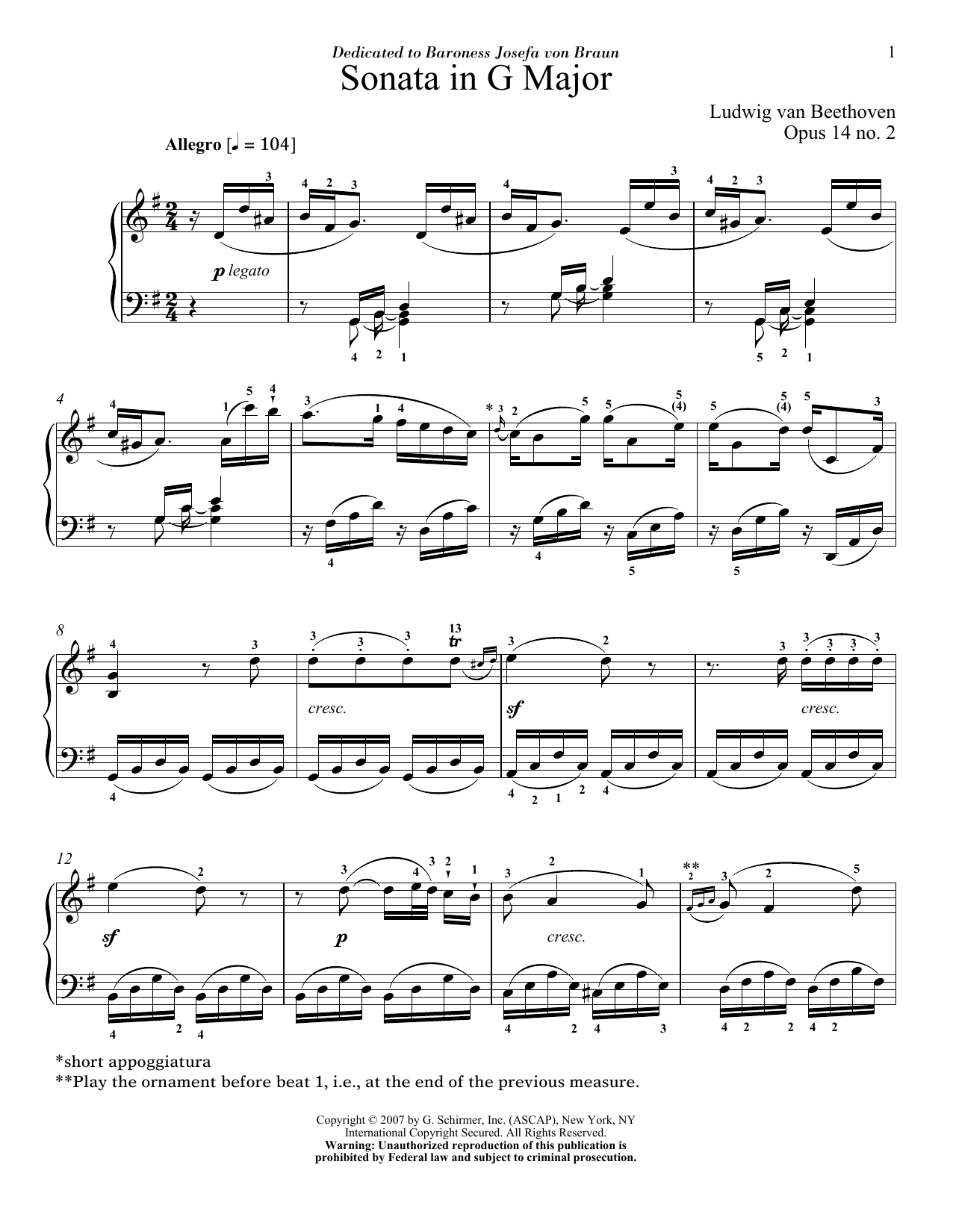 Ludwig van Beethoven Sonata In G Major, Op. 14, No. 2 sheet music notes and chords arranged for Piano Solo
