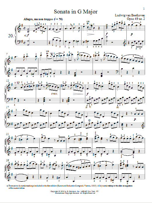 Ludwig van Beethoven Sonata in G Major, Op. 49, No. 2 sheet music notes and chords arranged for Piano Solo