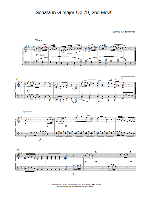 Ludwig van Beethoven Sonata in G major Op 79, 2nd Movt. sheet music notes and chords arranged for Piano Solo