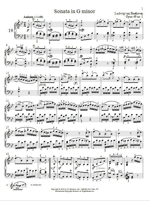 Ludwig van Beethoven Sonata in G Minor, Op. 49, No. 1 sheet music notes and chords arranged for Piano Solo