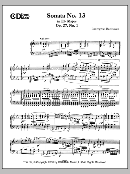 Ludwig van Beethoven Sonata No. 13 In E-flat Major, Quasi Fantasia, Op. 27, No. 1 sheet music notes and chords arranged for Piano Solo