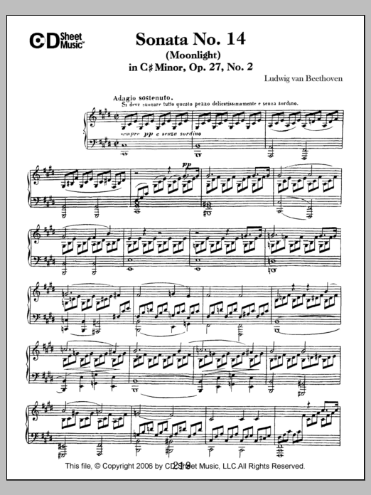 Ludwig van Beethoven Sonata No. 14 In C-sharp Minor (moonlight), Op. 27, No. 2 sheet music notes and chords arranged for Piano Solo