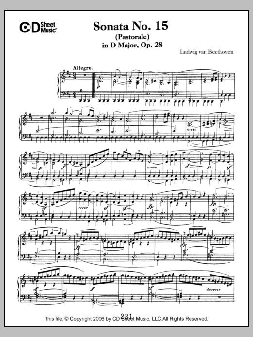 Ludwig van Beethoven Sonata No. 15 In D Major (pastorale), Op. 28 sheet music notes and chords arranged for Piano Solo