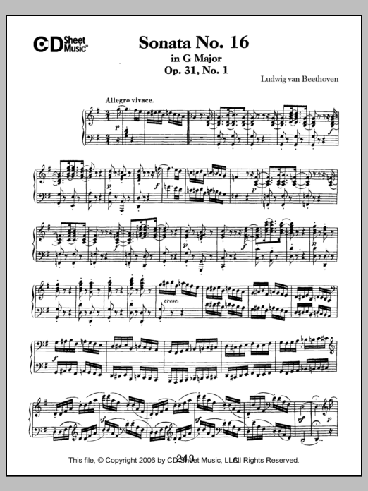 Ludwig van Beethoven Sonata No. 16 In G Major, Op. 31, No. 1 sheet music notes and chords arranged for Piano Solo