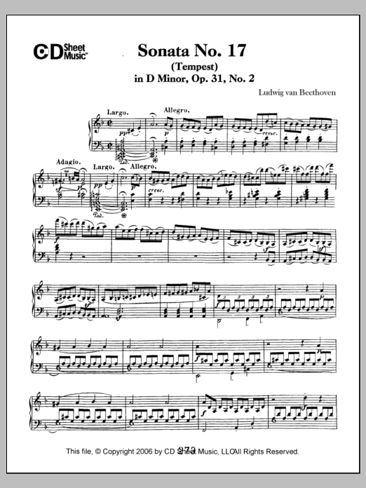 Ludwig van Beethoven Sonata No. 17 In D Minor (tempest), Op. 31, No. 2 sheet music notes and chords arranged for Piano Solo