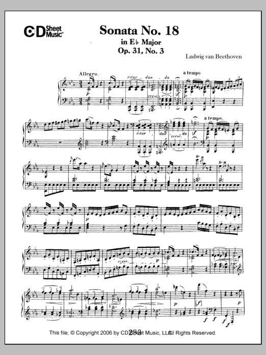 Ludwig van Beethoven Sonata No. 18 In E-flat Major, Op. 31, No. 3 sheet music notes and chords arranged for Piano Solo