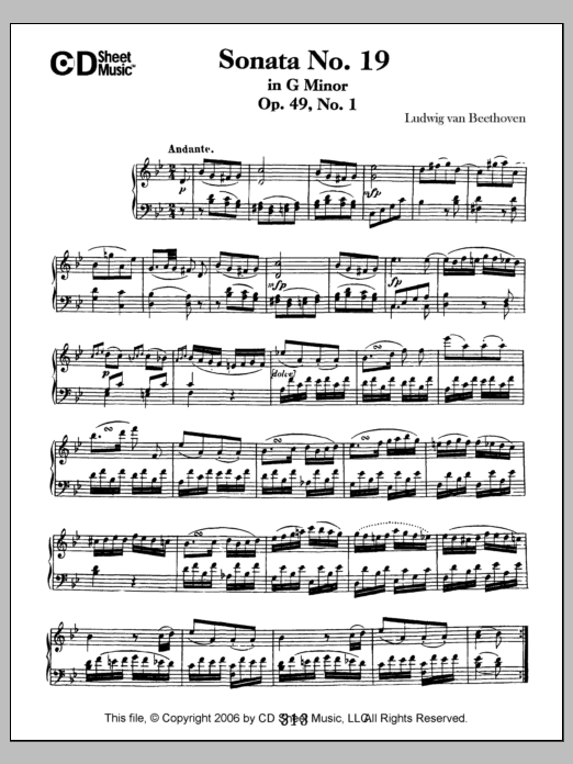 Ludwig van Beethoven Sonata No. 19 In G Minor, Op. 49, No. 1 sheet music notes and chords arranged for Piano Solo