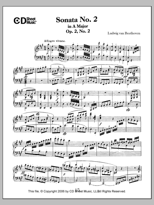Ludwig van Beethoven Sonata No. 2 In A Major, Op. 2, No. 2 sheet music notes and chords arranged for Piano Solo
