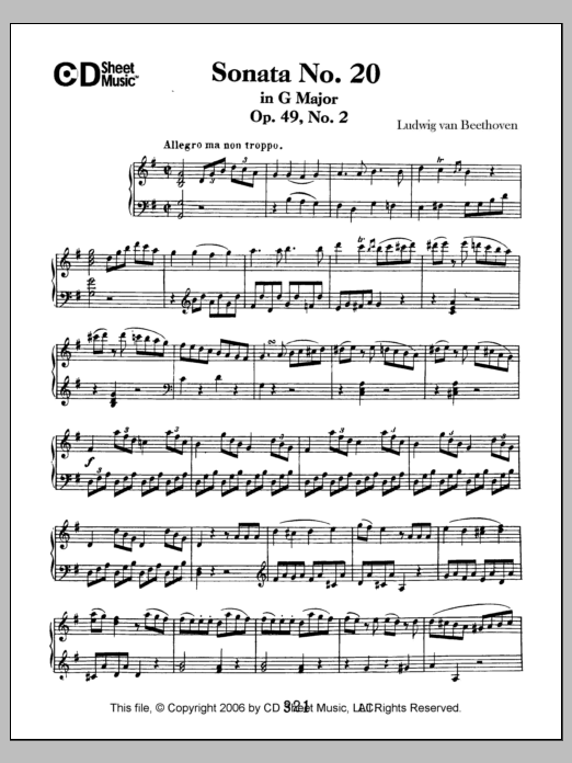 Ludwig van Beethoven Sonata No. 20 In G Major, Op. 49, No. 2 sheet music notes and chords arranged for Piano Solo