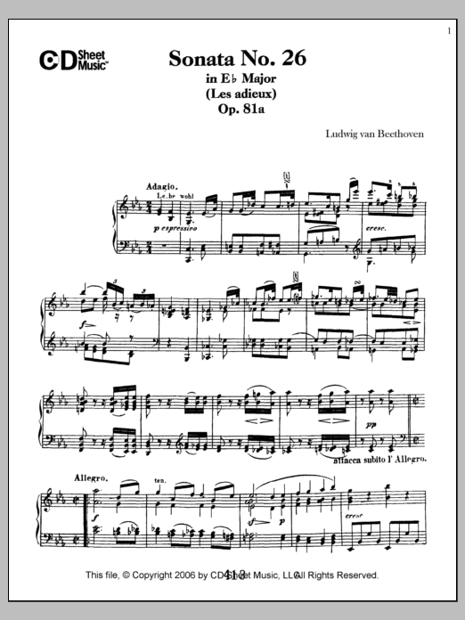Ludwig van Beethoven Sonata No. 26 In E-flat Major (les Adieux), Op. 81a sheet music notes and chords arranged for Piano Solo