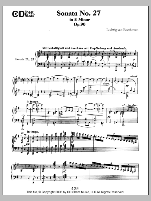 Ludwig van Beethoven Sonata No. 27 In E Minor, Op. 90 sheet music notes and chords arranged for Piano Solo