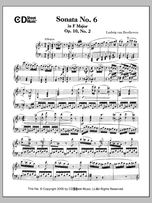 Ludwig van Beethoven Sonata No. 6 In F Major, Op. 10, No. 2 sheet music notes and chords arranged for Piano Solo