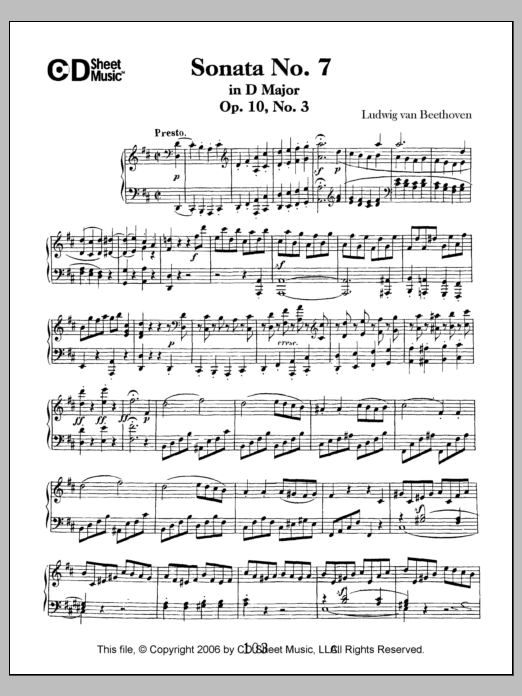 Ludwig van Beethoven Sonata No. 7 In D Major, Op. 10, No. 3 sheet music notes and chords arranged for Piano Solo