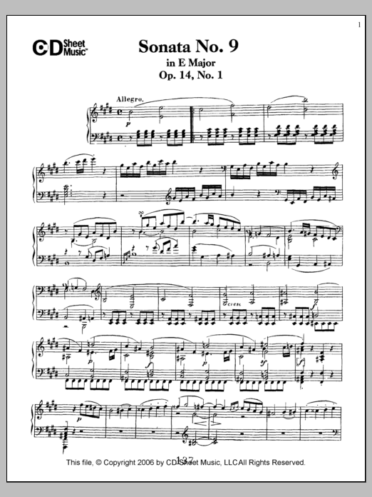 Ludwig van Beethoven Sonata No. 9 In E Major, Op. 14, No. 1 sheet music notes and chords arranged for Piano Solo