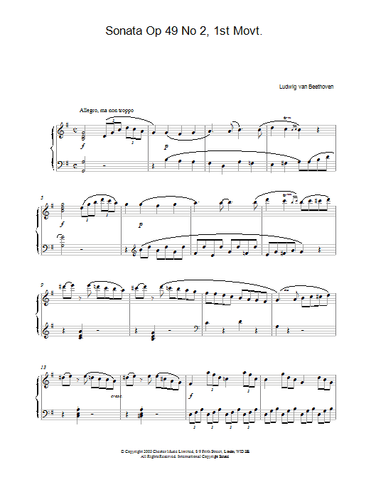 Ludwig van Beethoven Sonata Op 49 No 2, 1st Movt. sheet music notes and chords arranged for Piano Solo