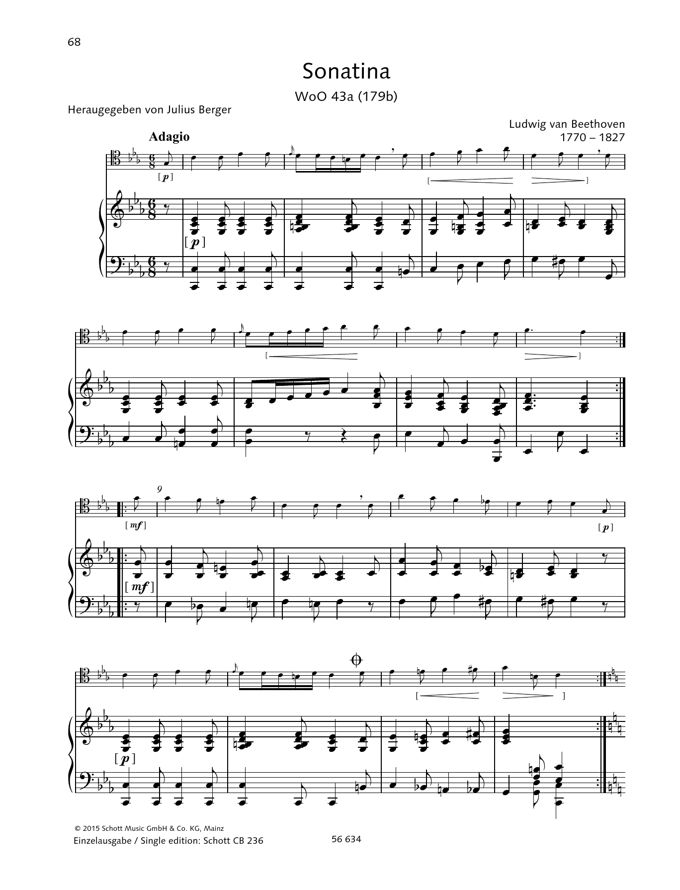 Ludwig van Beethoven Sonatina C minor WoO 43a sheet music notes and chords arranged for String Solo