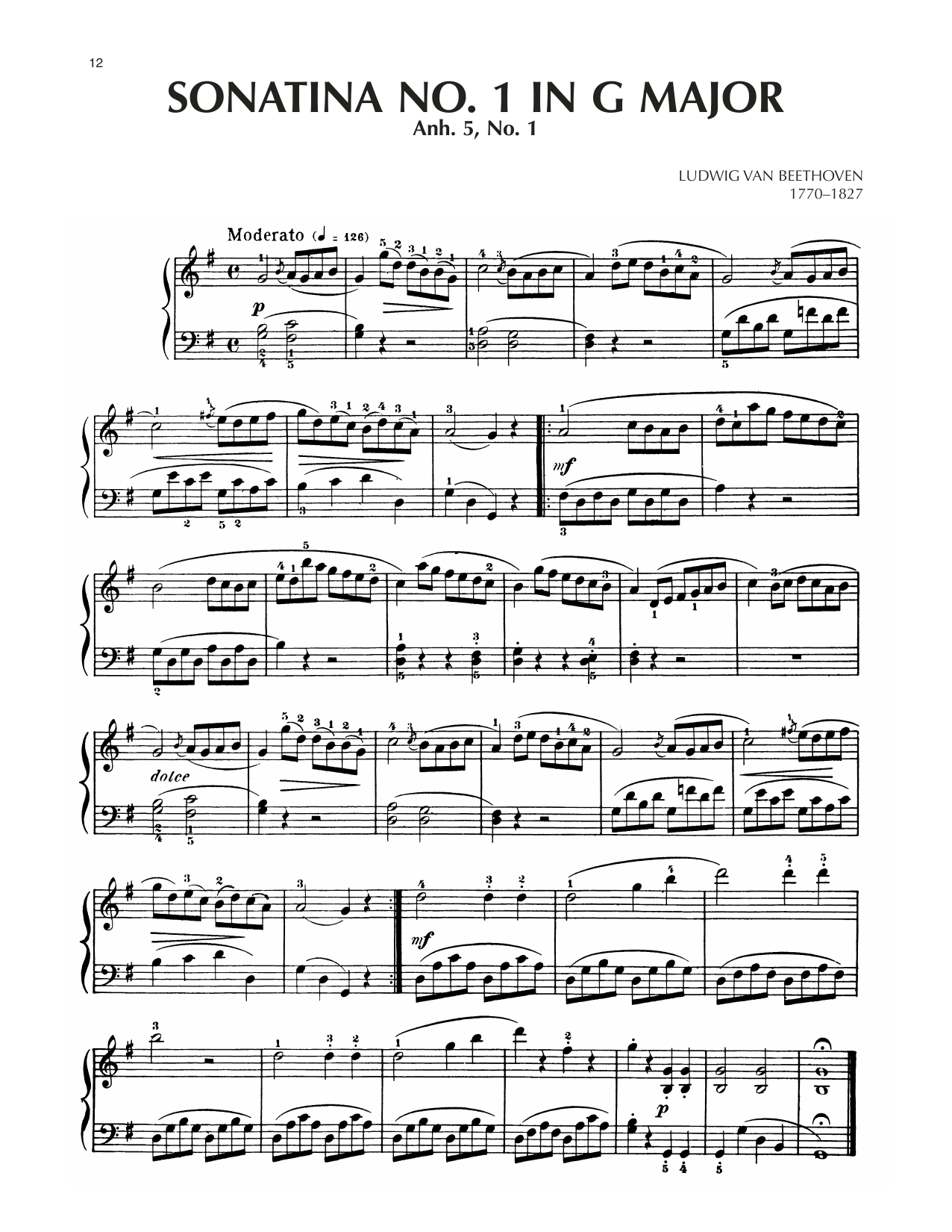 Ludwig van Beethoven Sonatina In G Major, Anh. 5, No. 1 sheet music notes and chords arranged for Piano Solo