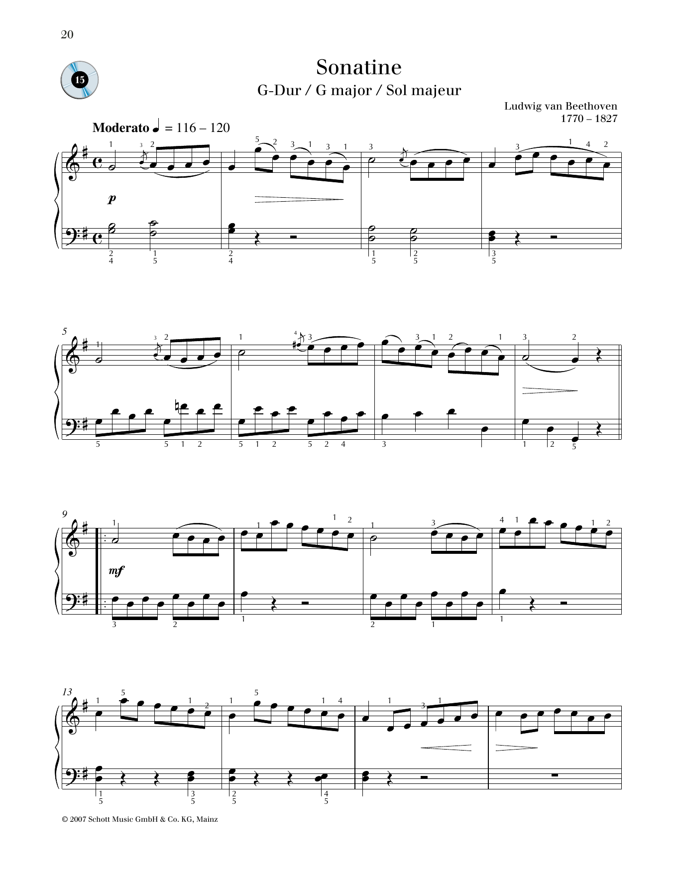 Ludwig van Beethoven Sonatina No. 1 G major sheet music notes and chords arranged for Piano Solo