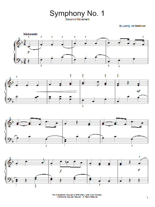 Ludwig van Beethoven Symphony No.1 sheet music notes and chords arranged for Easy Piano