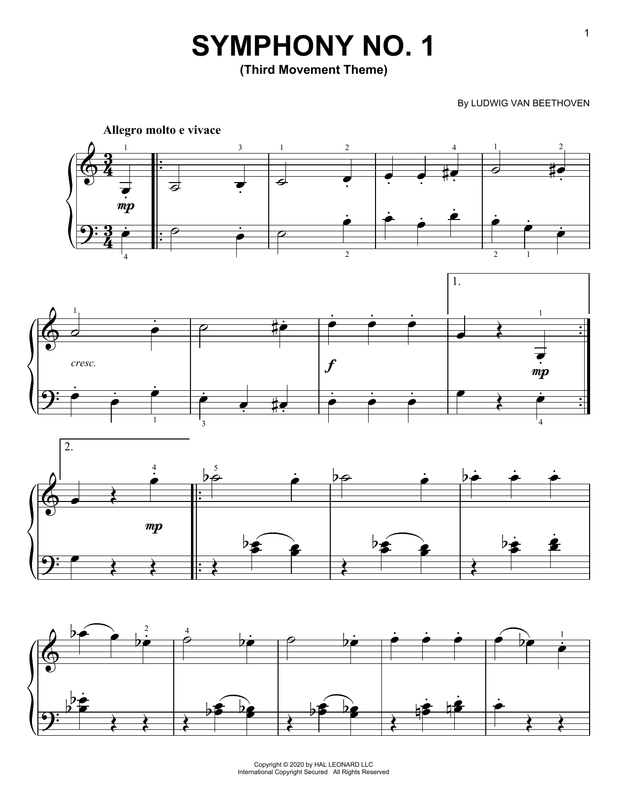 Ludwig van Beethoven Symphony No. 1, Third Movement Excerpt sheet music notes and chords arranged for Piano Solo
