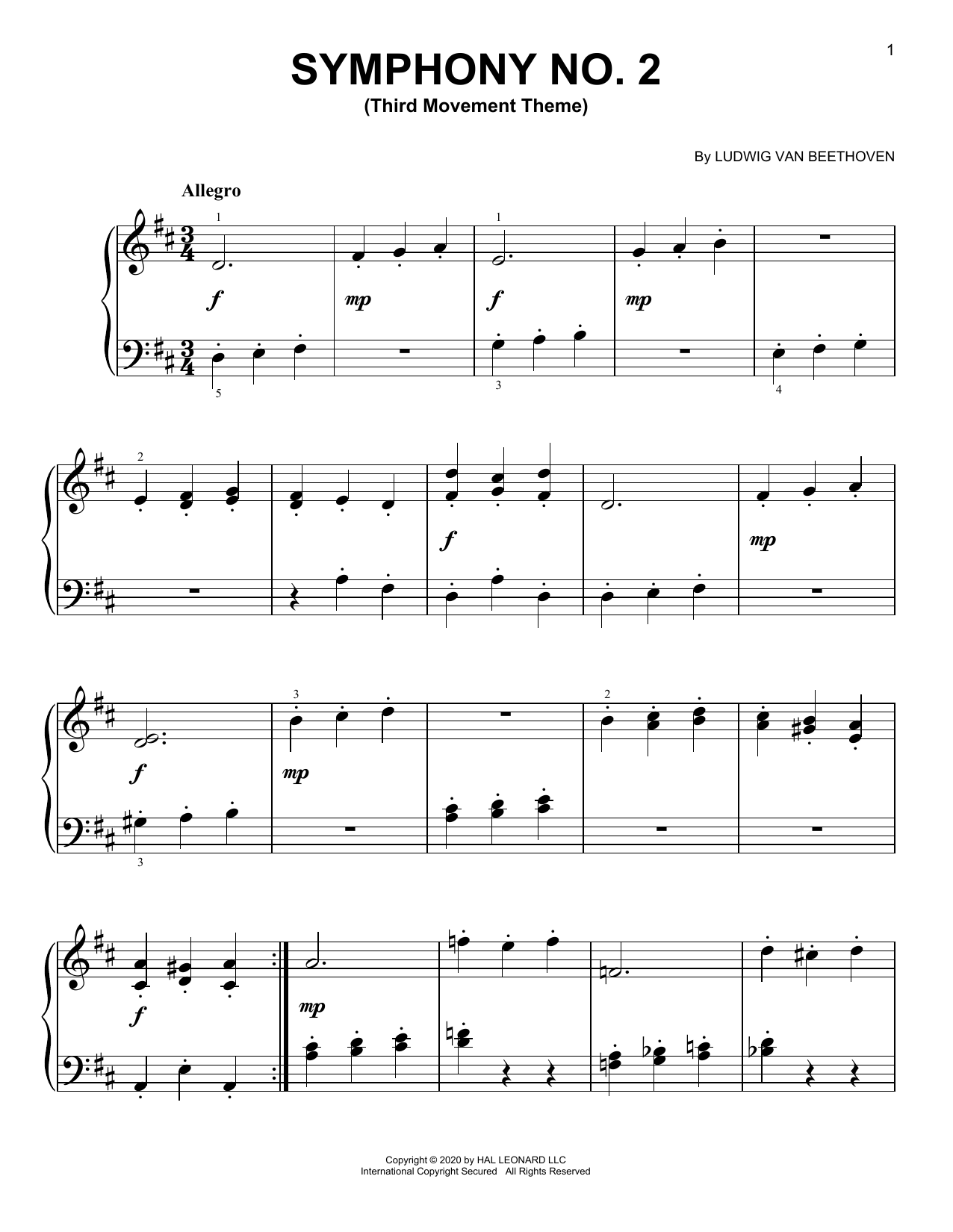 Ludwig van Beethoven Symphony No. 2, Third Movement Excerpt sheet music notes and chords arranged for Piano Solo