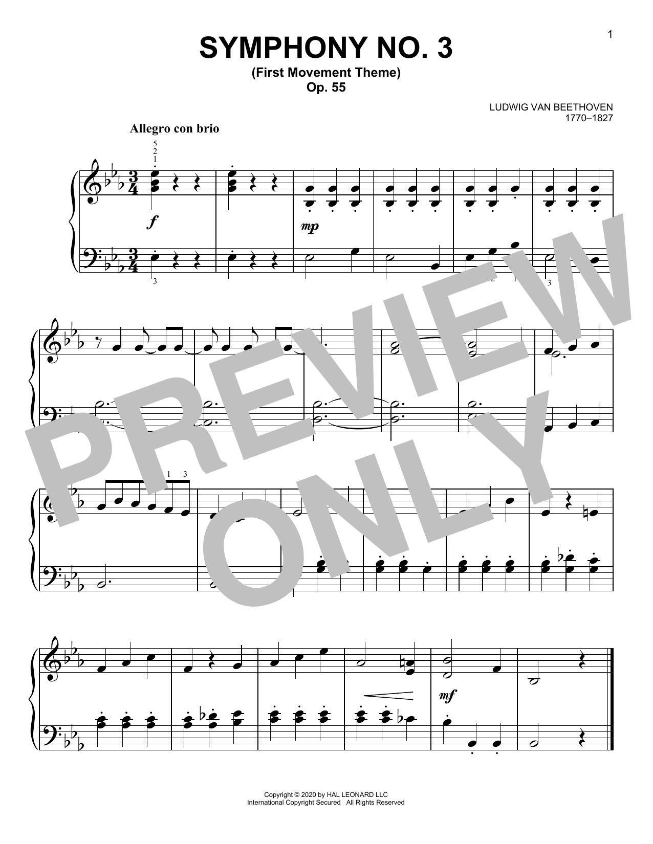 Ludwig van Beethoven Symphony No. 3 (First Movement Theme) sheet music notes and chords arranged for Easy Piano
