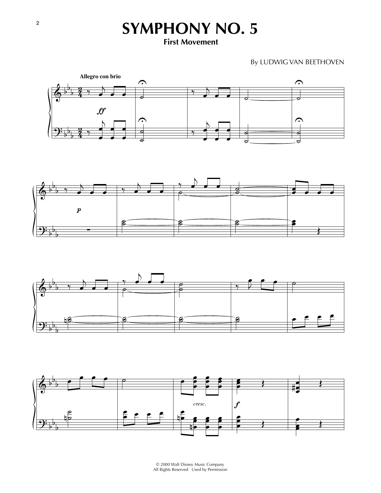 Ludwig van Beethoven Symphony No. 5 - Movement 1 (from Fantasia 2000) sheet music notes and chords arranged for Piano Solo