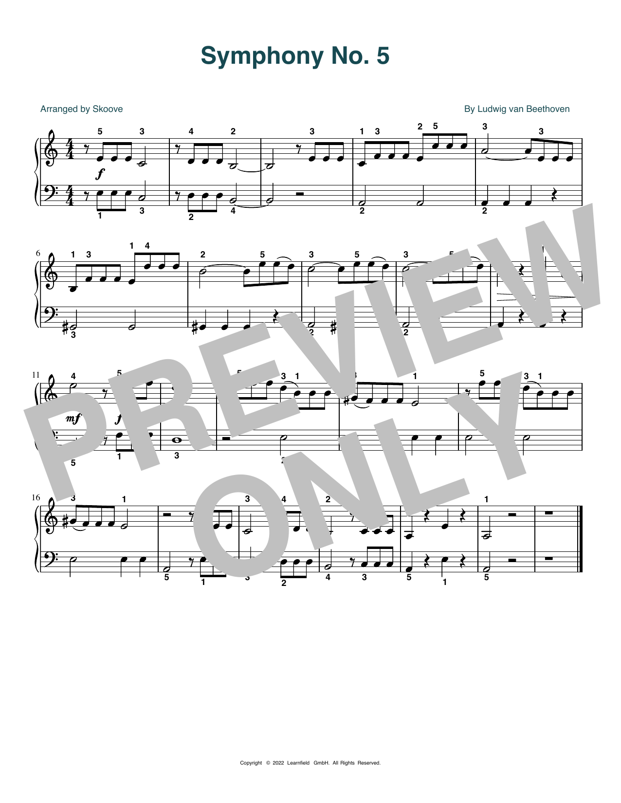 Ludwig van Beethoven Symphony No. 5 (arr. Skoove) sheet music notes and chords arranged for Beginner Piano (Abridged)