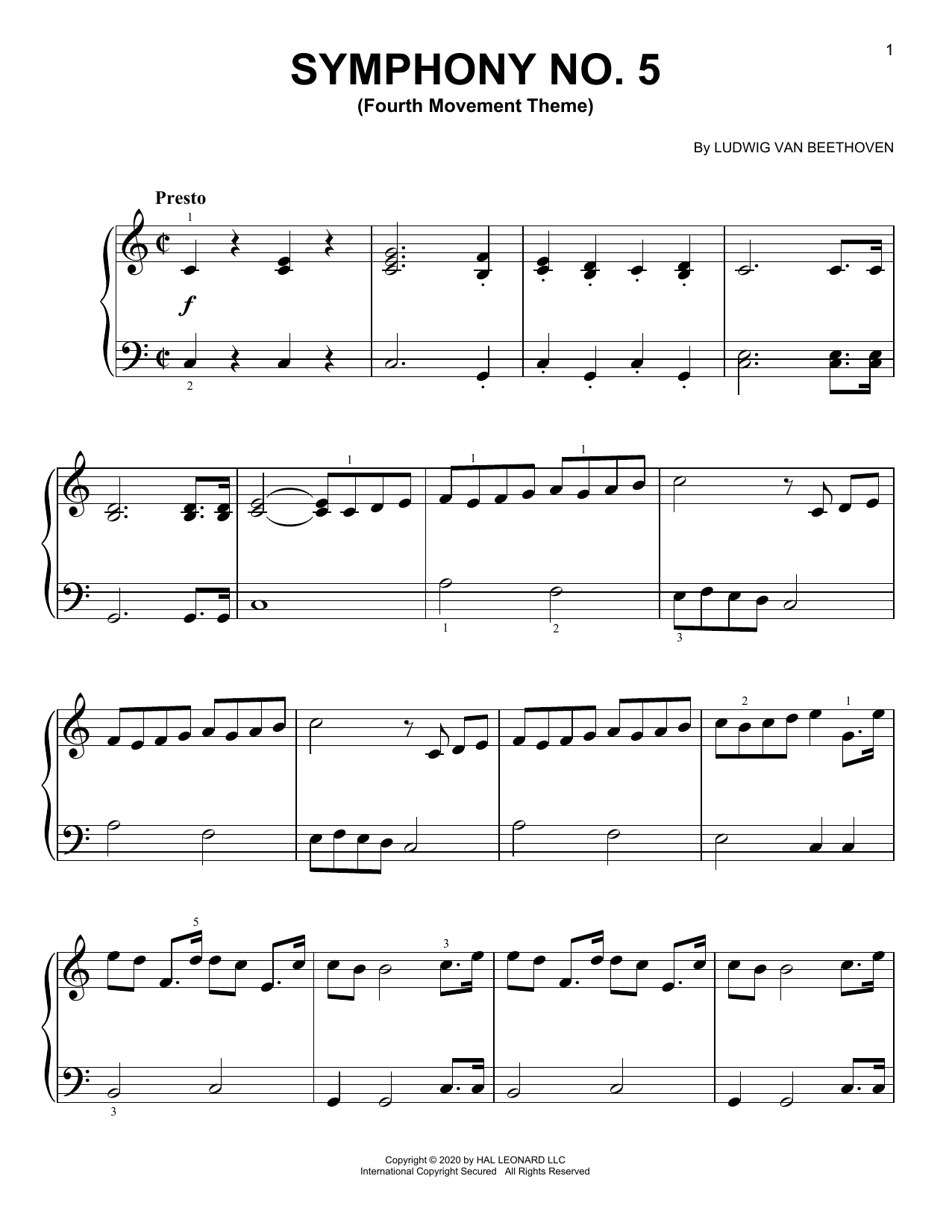 Ludwig van Beethoven Symphony No. 5, Fourth Movement Excerpt sheet music notes and chords arranged for Easy Piano