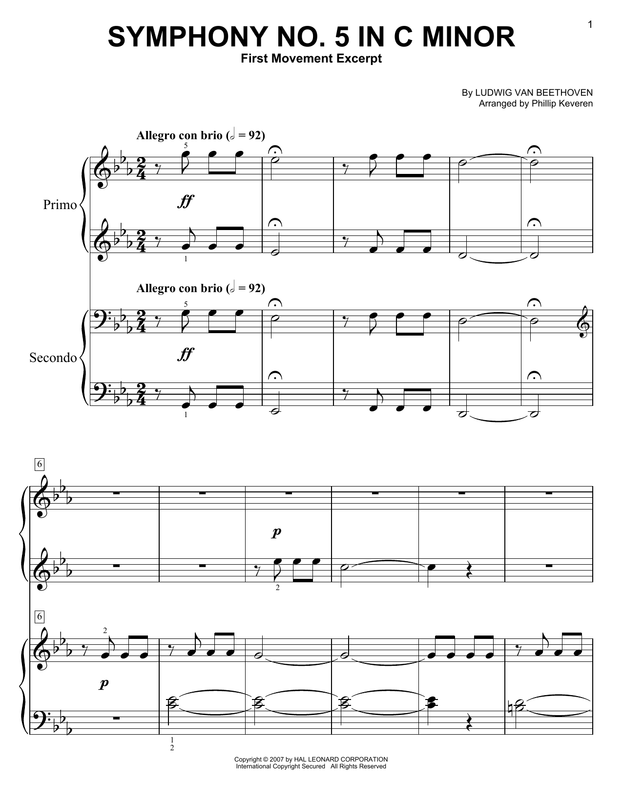 Ludwig van Beethoven Symphony No. 5 In C Minor, First Movement Excerpt (arr. Phillip Keveren) sheet music notes and chords arranged for Easy Piano Duet