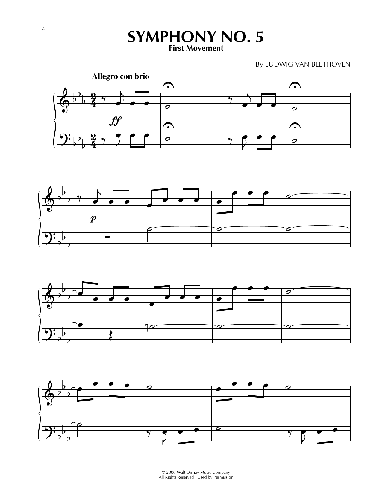 Ludwig van Beethoven Symphony No. 5, Movement 1 (from Fantasia 2000) sheet music notes and chords arranged for Easy Piano