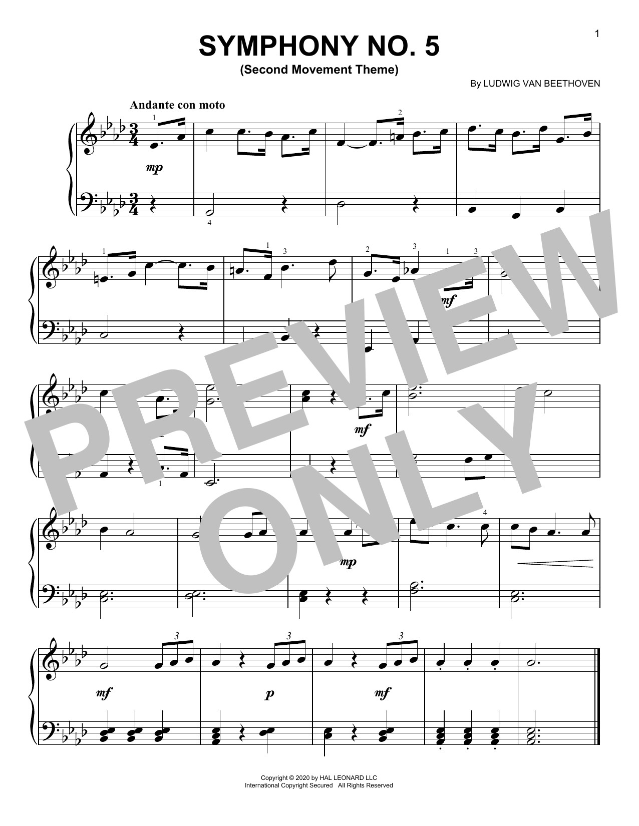 Ludwig van Beethoven Symphony No. 5, Second Movement Excerpt sheet music notes and chords arranged for Piano Solo