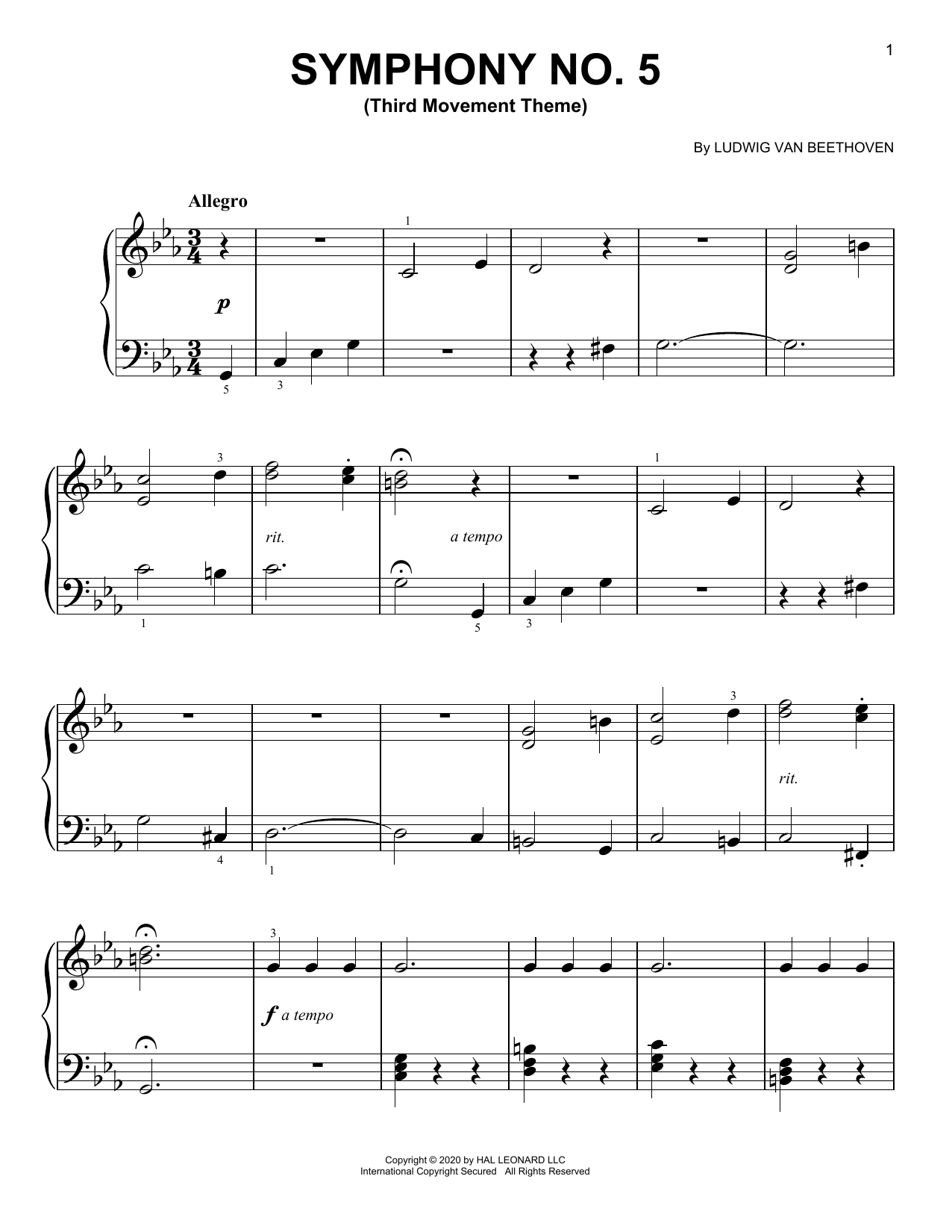 Ludwig van Beethoven Symphony No. 5, Third Movement Excerpt sheet music notes and chords arranged for Piano Solo