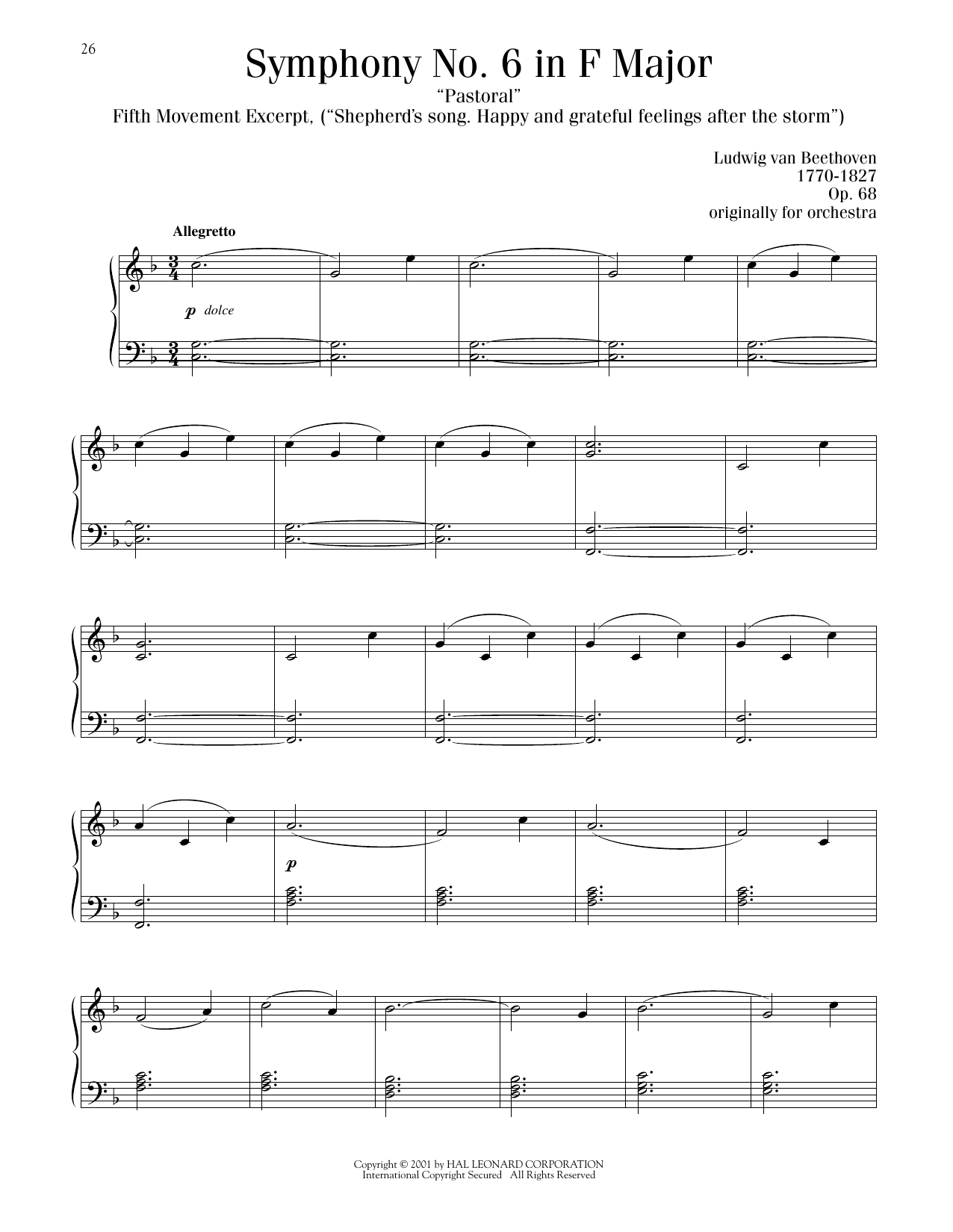 Ludwig van Beethoven Symphony No. 6, Fifth Movement sheet music notes and chords arranged for Piano Solo