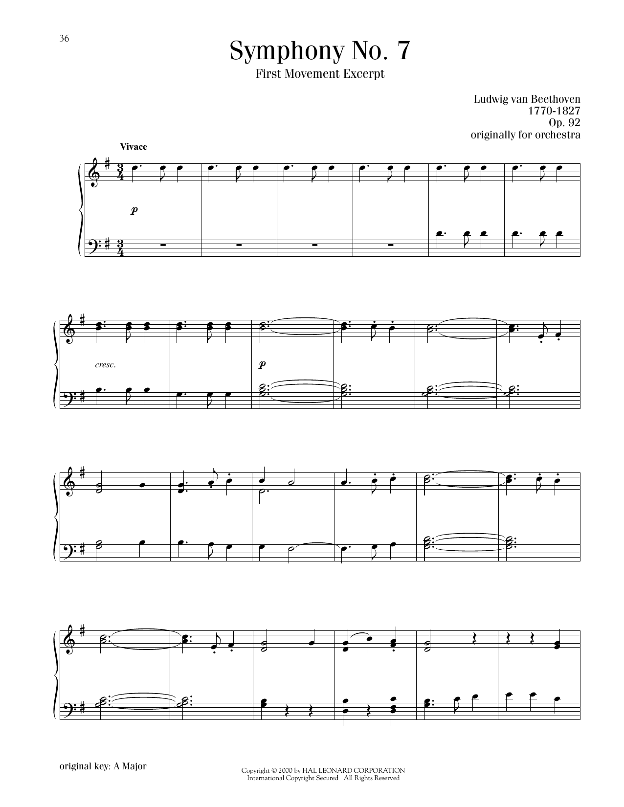 Ludwig van Beethoven Symphony No. 7 In A Major, First Movement Excerpt sheet music notes and chords arranged for Piano Solo