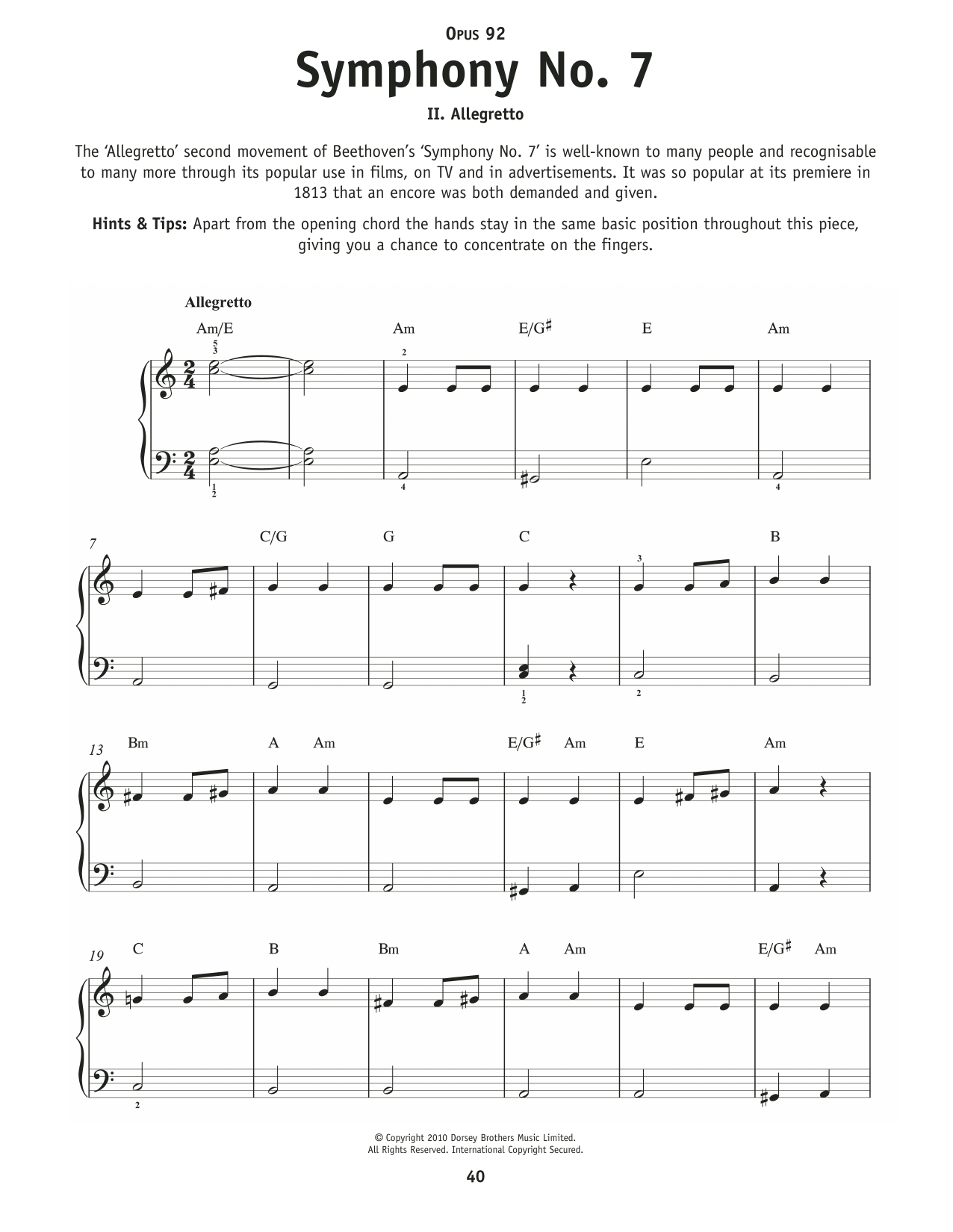 Ludwig Van Beethoven Symphony No. 7 In A Major, Op. 92 sheet music notes and chords arranged for Really Easy Piano