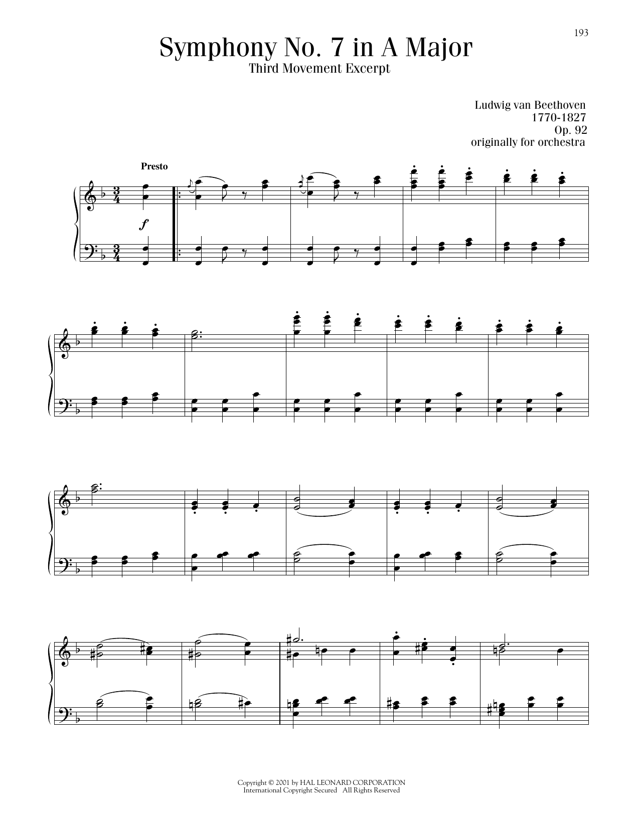 Ludwig van Beethoven Symphony No. 7 In A Major, Third Movement sheet music notes and chords arranged for Piano Solo