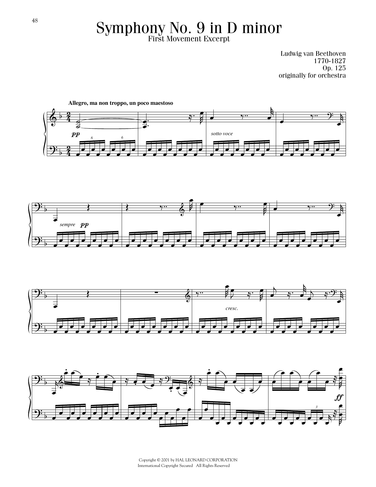 Ludwig van Beethoven Symphony No. 9, First Movement Excerpt sheet music notes and chords arranged for Piano Solo
