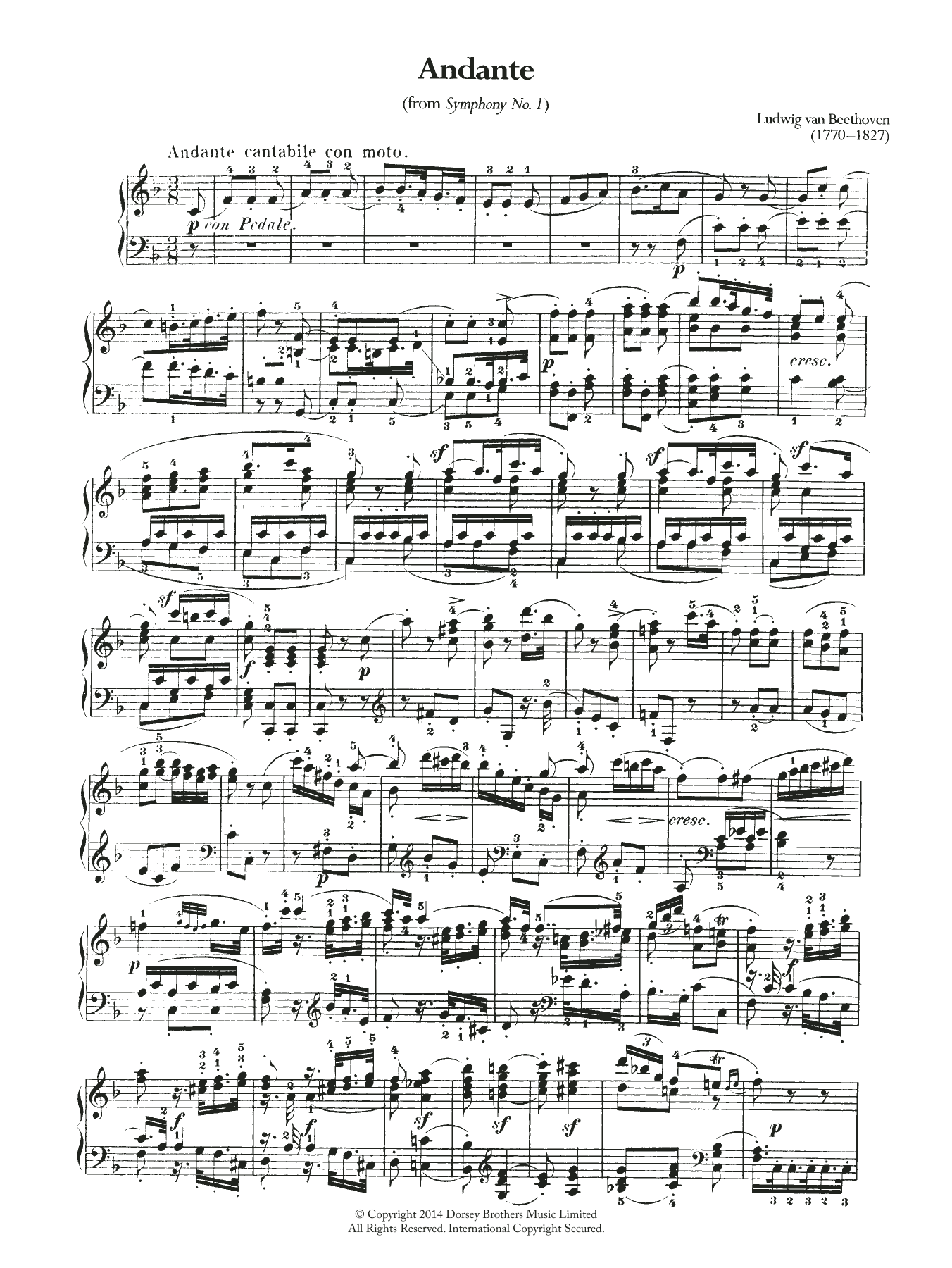 Ludwig van Beethoven Symphony No.1, Andante sheet music notes and chords arranged for Piano Solo