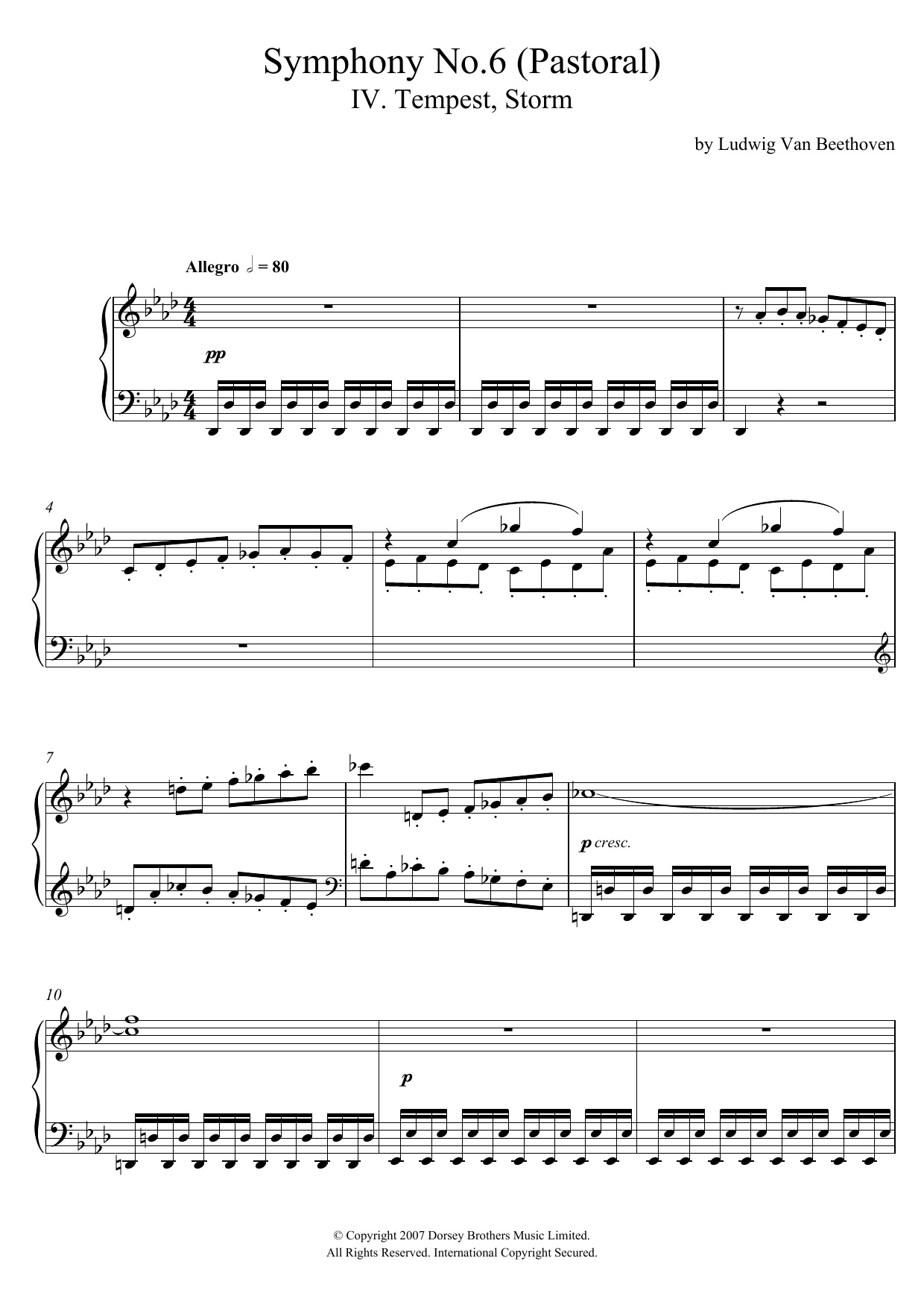 Ludwig van Beethoven Symphony No.6 ('Pastoral'), 4th Movement sheet music notes and chords arranged for Piano Solo