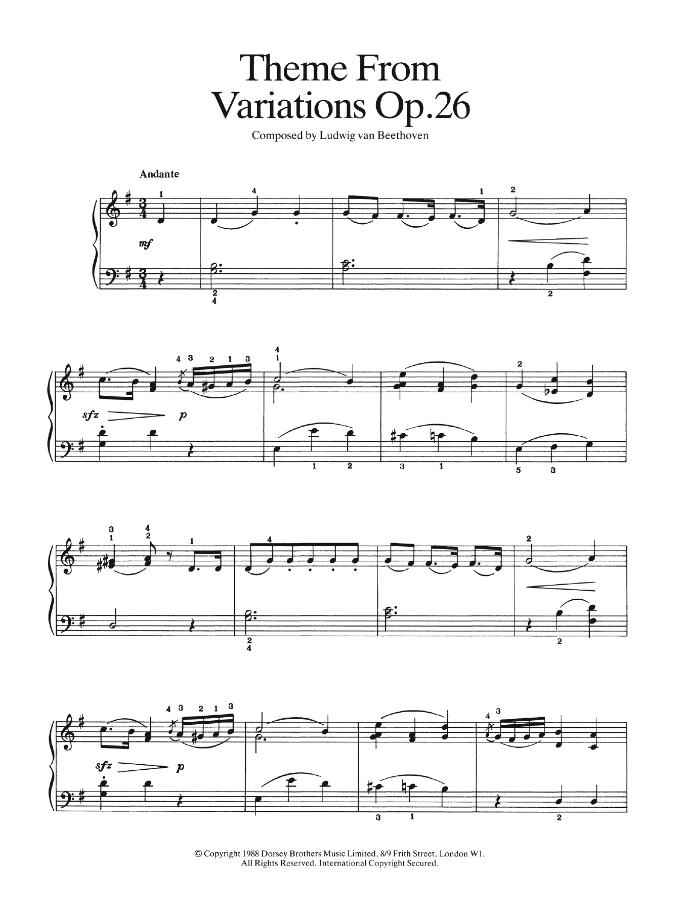 Ludwig van Beethoven Theme from Variations Op. 26 sheet music notes and chords arranged for Easy Piano