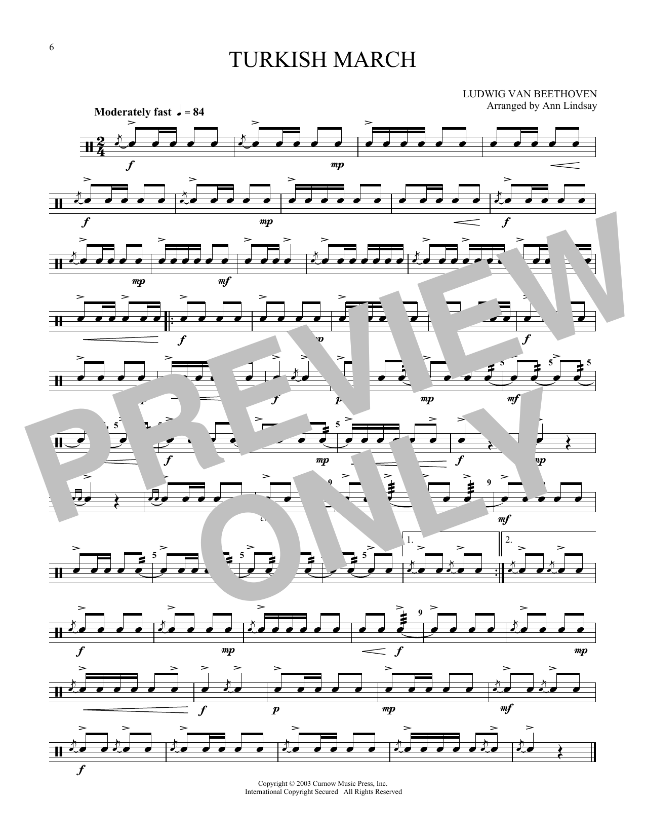 Ludwig van Beethoven Turkish March (arr. Ann Lindsay) sheet music notes and chords arranged for Snare Drum Solo