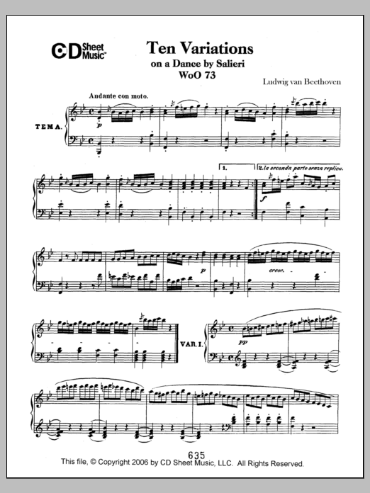 Ludwig van Beethoven Variations (10) On A Duet By Salieri, Woo 73 sheet music notes and chords arranged for Piano Solo