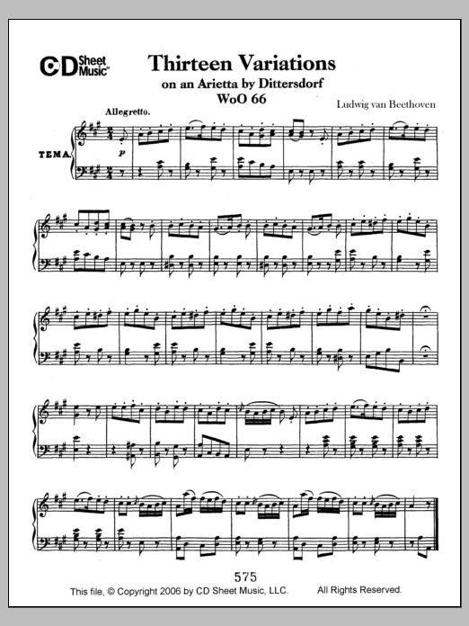 Ludwig van Beethoven Variations (13) On An Arietta By Dittersdorf, Woo 66 sheet music notes and chords arranged for Piano Solo