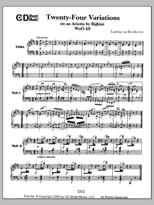 Ludwig van Beethoven Variations (24) On An Arietta By Righini, Woo 65 sheet music notes and chords arranged for Piano Solo