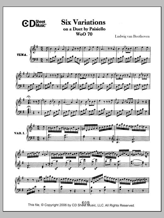 Ludwig van Beethoven Variations (6) On A Duet By Paisiello, Woo 70 sheet music notes and chords arranged for Piano Solo